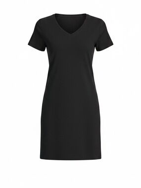 Real Essentials Women's Ribbed Knit Short-Sleeve V-Neck T-Shirt Dress Black M